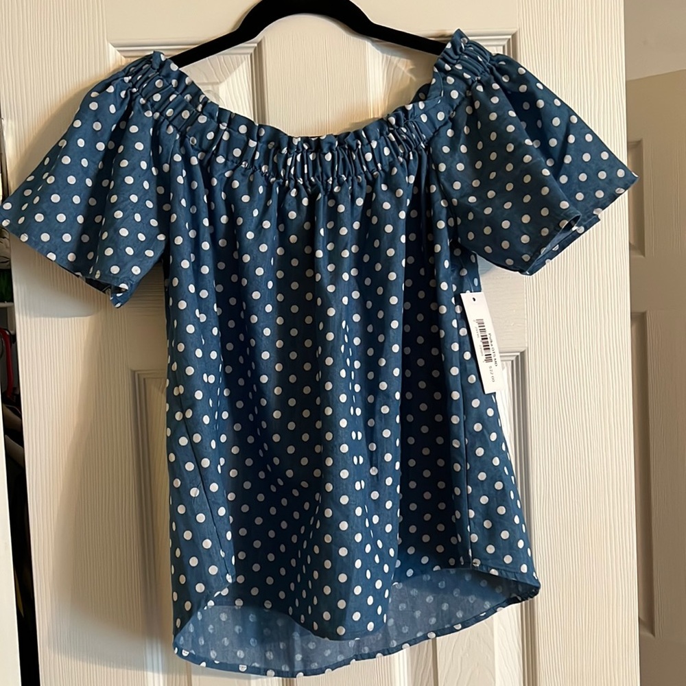 Blue and White polka dot off the shoulder top